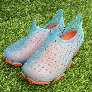 Aqua and Coral Perforated Slip-On Shoes